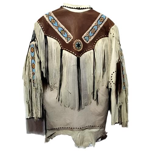 Native American Beaded Beige Suede Leather Jacket for Men PWJ2100