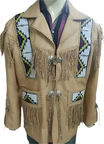 Native American Beaded Beige Leather Jacket for Men PWJ1211