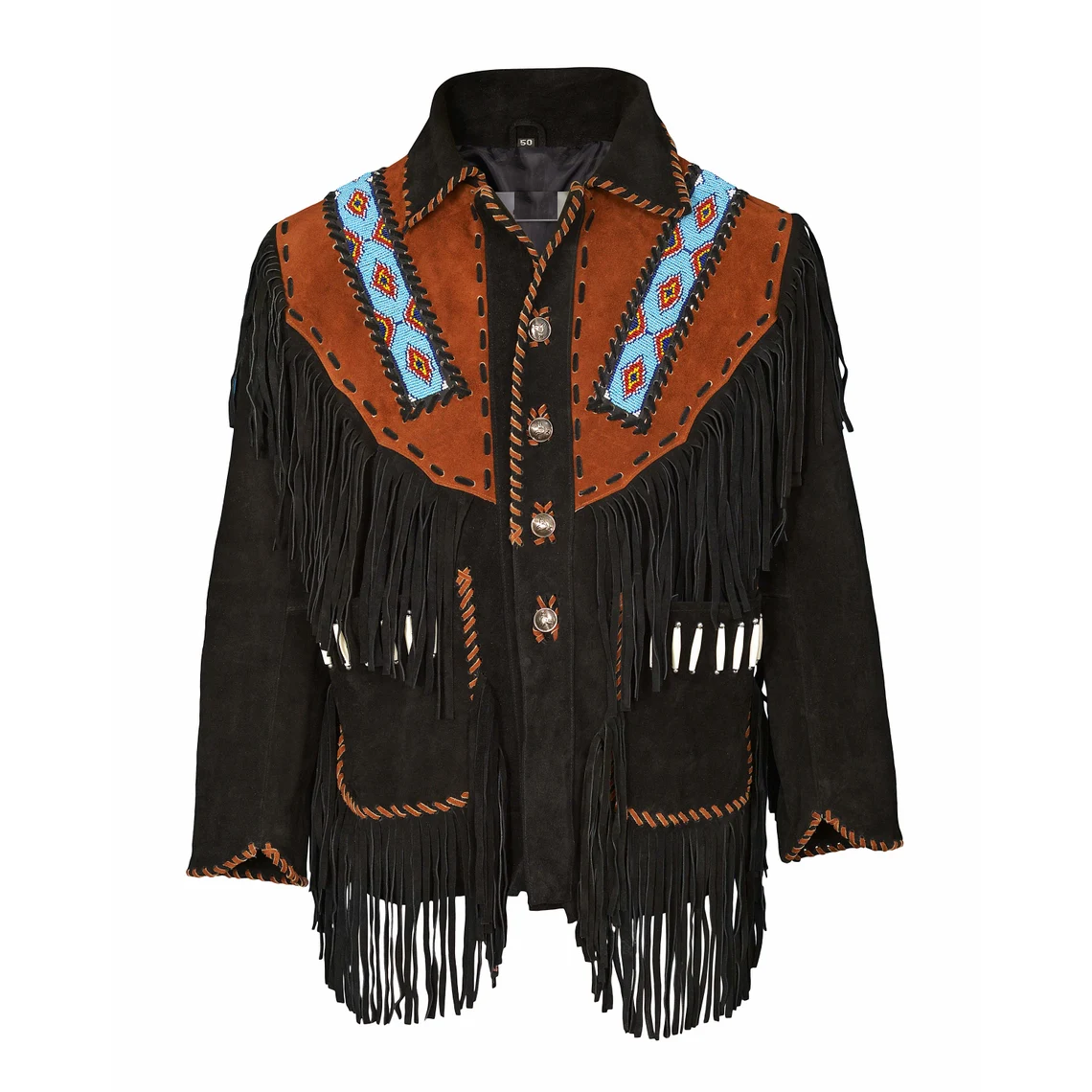 Native American Beaded Black Suede Leather Jacket for Men PWJ1440