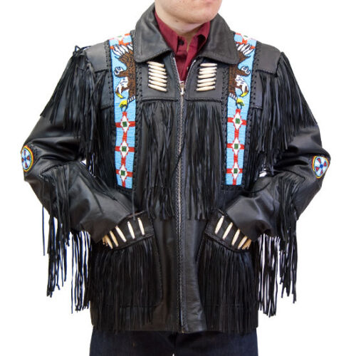 Native American Eagle Beaded Black Suede Leather Jacket for Men PWJ1560