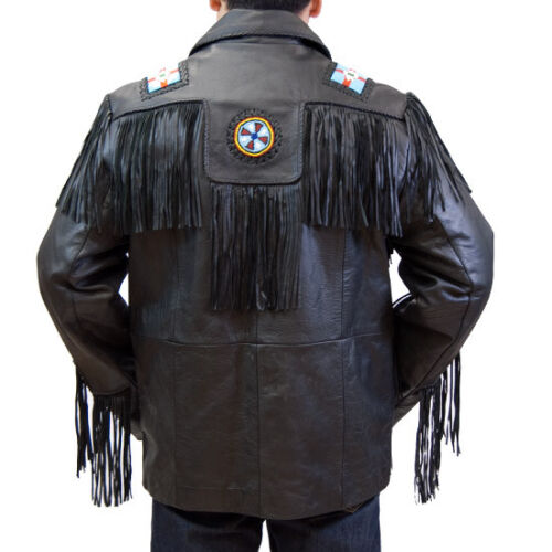 Native American Eagle Beaded Black Suede Leather Jacket for Men PWJ1560