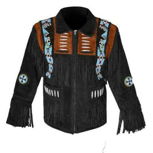 Native American Eagle Beaded Black Suede Leather Jacket for Men PWJ1450