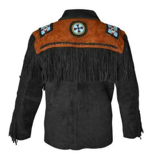 Native American Eagle Beaded Black Suede Leather Jacket for Men PWJ1450