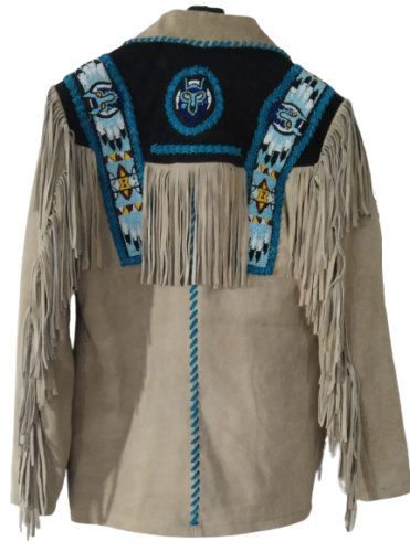 Native American Beaded Beige Suede Leather Jacket for Men PWJ2120