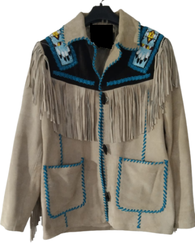 Native American Beaded Beige Suede Leather Jacket for Men PWJ2120