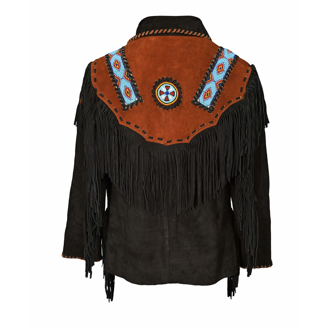 Native American Beaded Black Suede Leather Jacket for Men PWJ1440