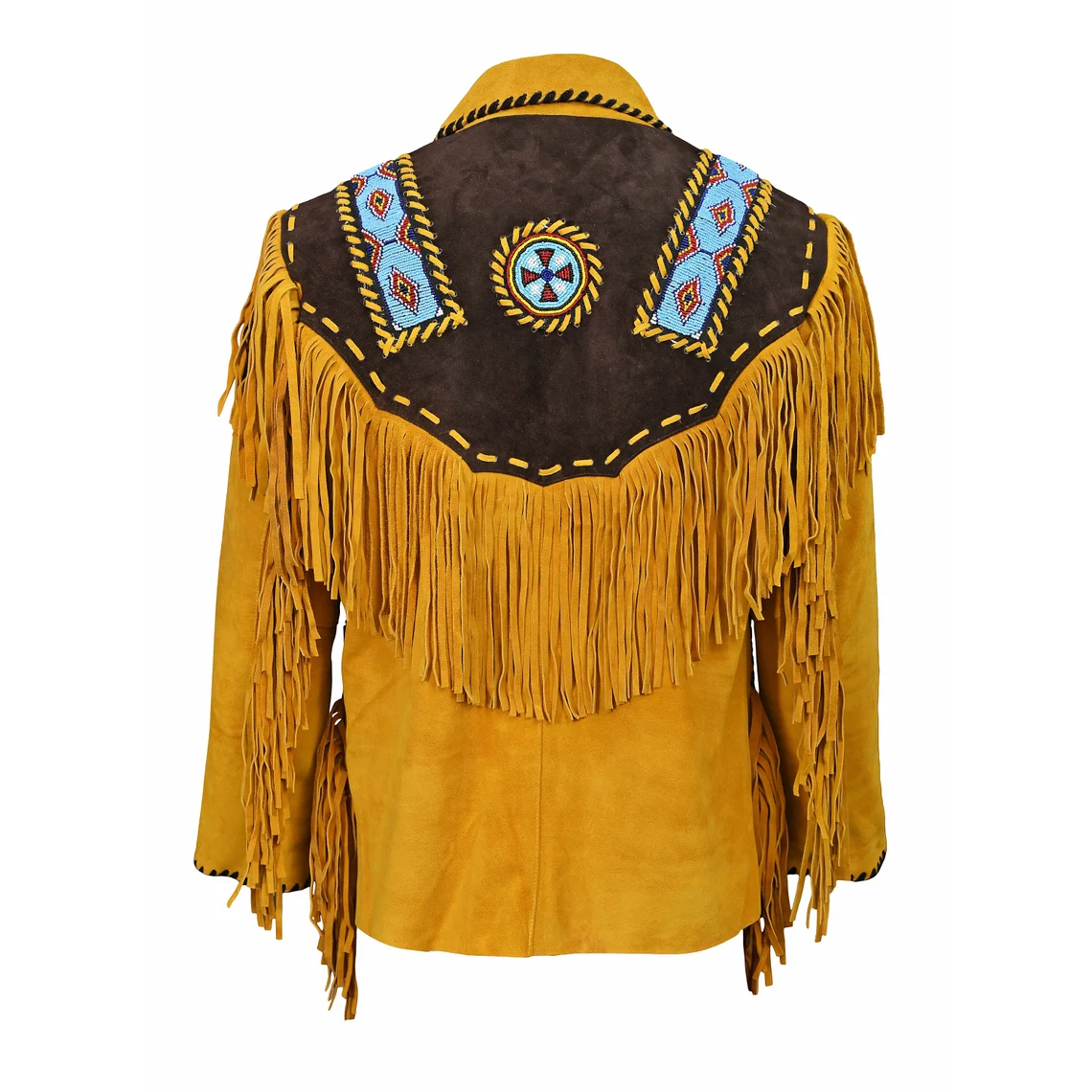 Native American Beaded Golden Suede Leather Jacket for Men PWJ2510