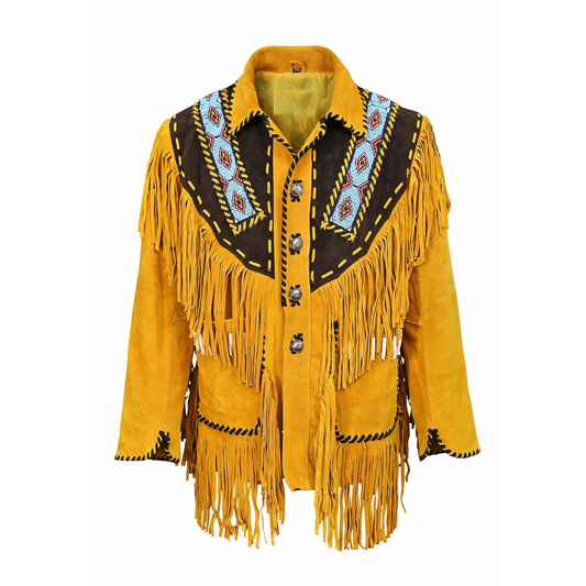 Native American Beaded Golden Suede Leather Jacket for Men PWJ2510