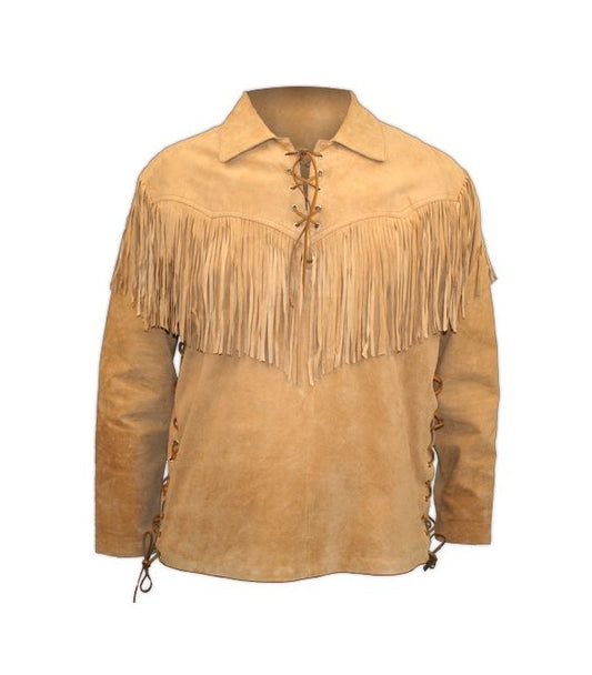 Men's Beige Buckskin Suede Leather Mountain Man Fringe Pullover Shirt MMS133