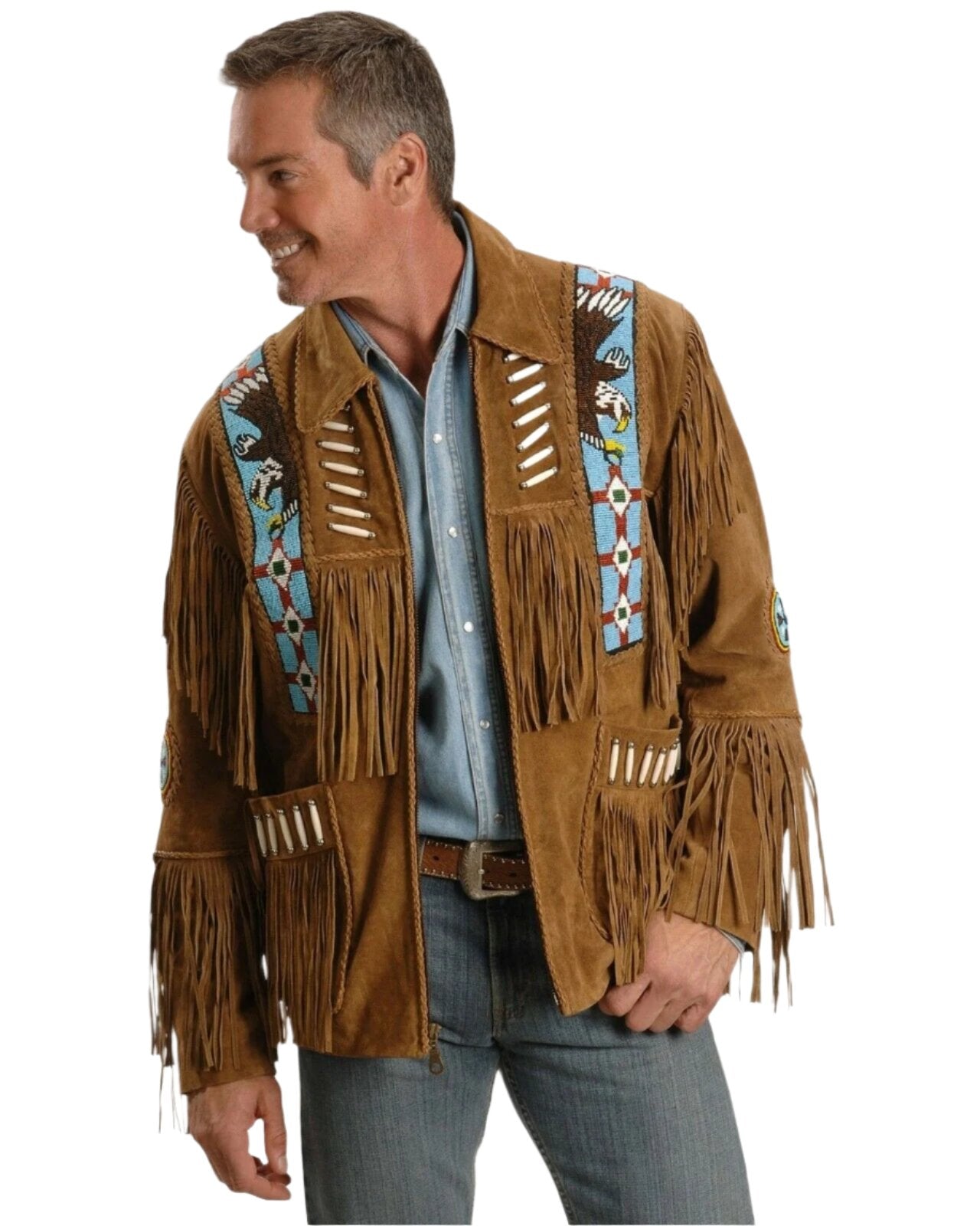 Native American Beaded Suede Leather Jacket for Men PWJ1150