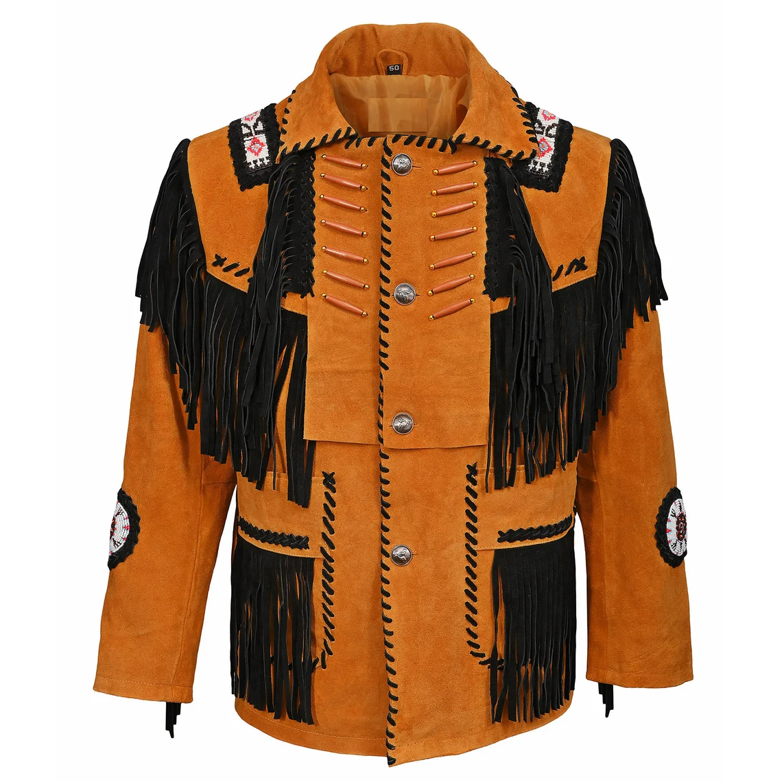 Native American Beaded Beige Suede Leather Jacket for Men PWJ2010