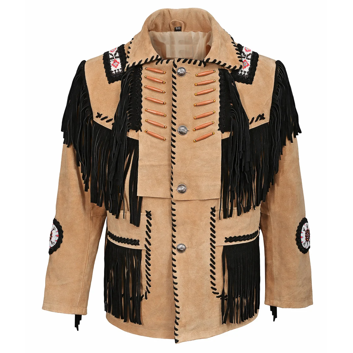 Native American Beaded Beige Suede Leather Jacket for Men PWJ2010