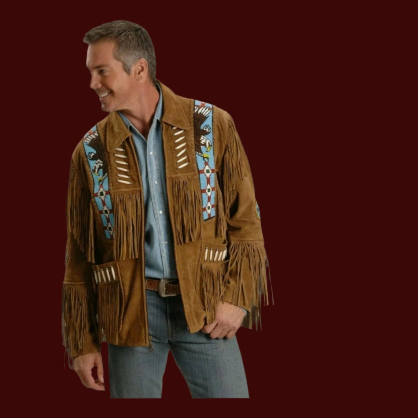 Native American Beaded Suede Leather Jacket for Men PWJ1150