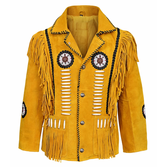 Native American Beaded Tan Suede Leather Jacket for Men PWJ2530