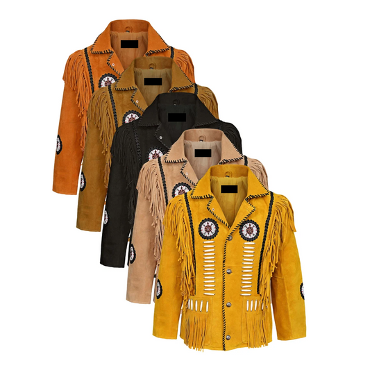 Native American Beaded Beige Suede Leather Jacket for Men PWJ2021