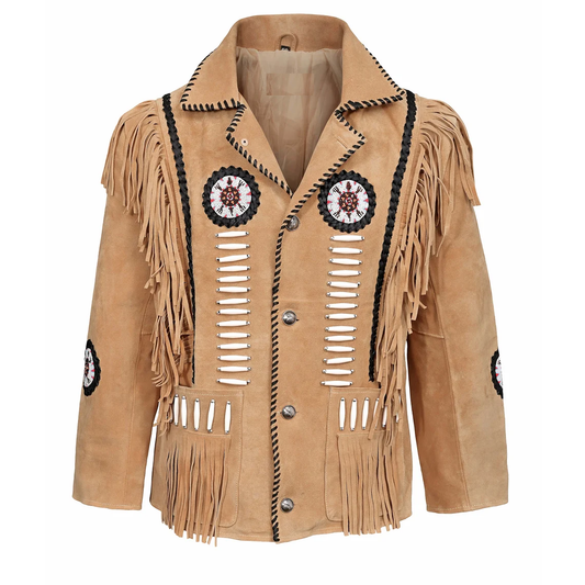 Native American Beaded Beige Suede Leather Jacket for Men PWJ2020