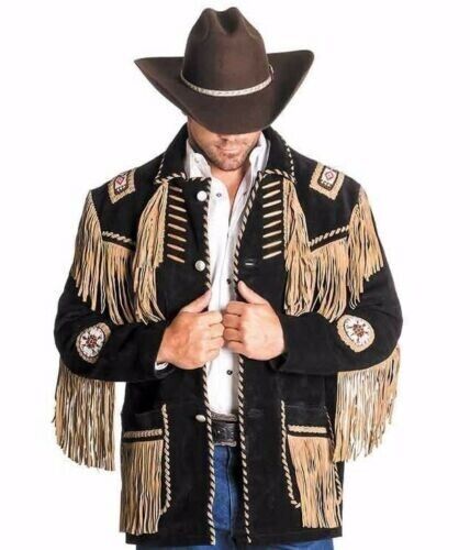 Native American Beaded Black Suede Leather Jacket for Men PWJ1420