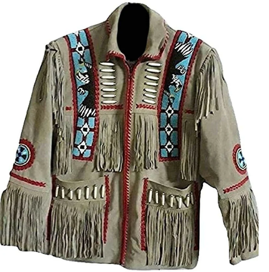 Native American Eagle Beaded Beige Suede Leather Jacket for Men PWJ2030