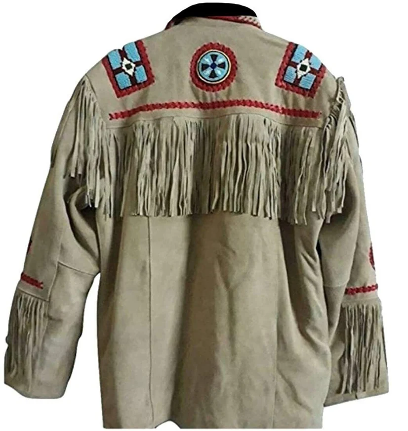 Native American Eagle Beaded Beige Suede Leather Jacket for Men PWJ2030