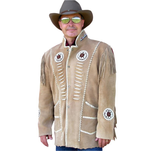 Native American Beaded Beige Suede Leather Jacket for Men PWJ2040