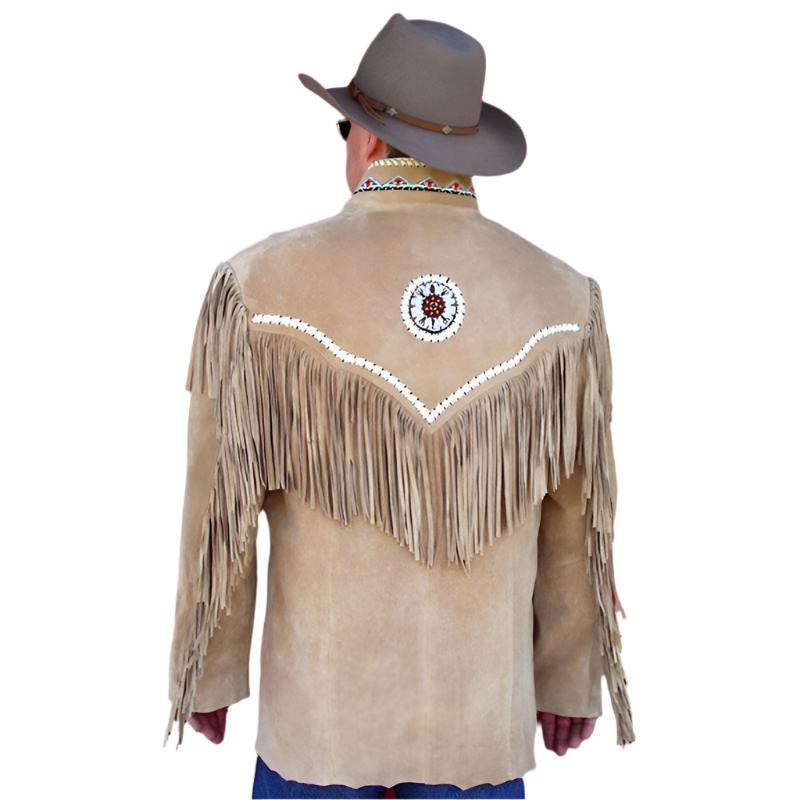 Native American Beaded Beige Suede Leather Jacket for Men PWJ2040