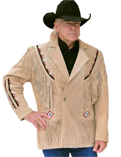 Native American Beaded Beige Suede Leather Jacket for Men PWJ2050