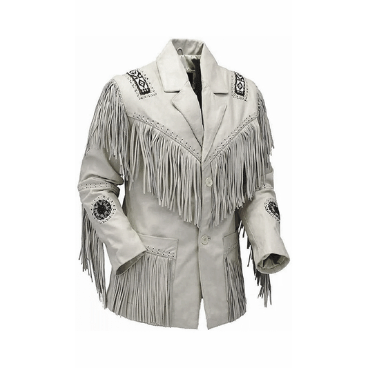 Native American Beaded White Leather Jacket for Men PWJ2840