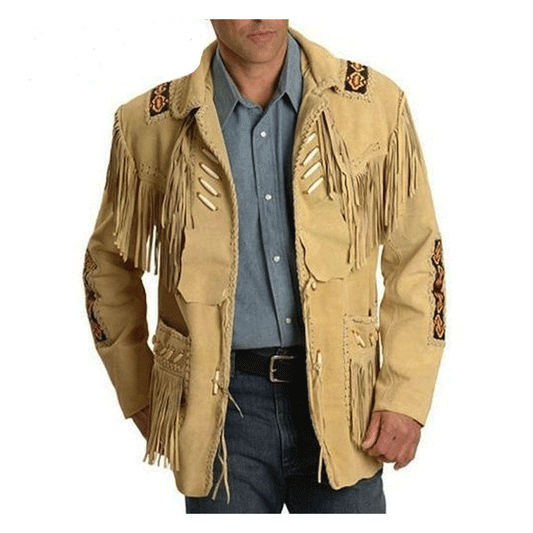 Native American Beaded Beige Leather Jacket for Men PWJ1214