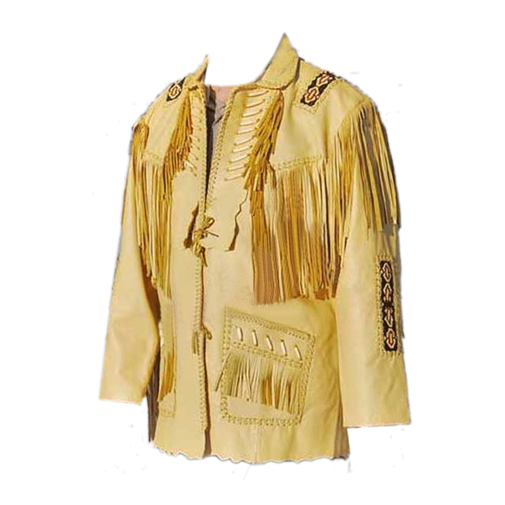 Native American Beaded Beige Leather Jacket for Men PWJ2150