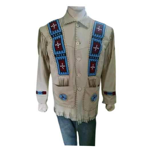 Native American Beaded Beige Leather Jacket for Men PWJ2180