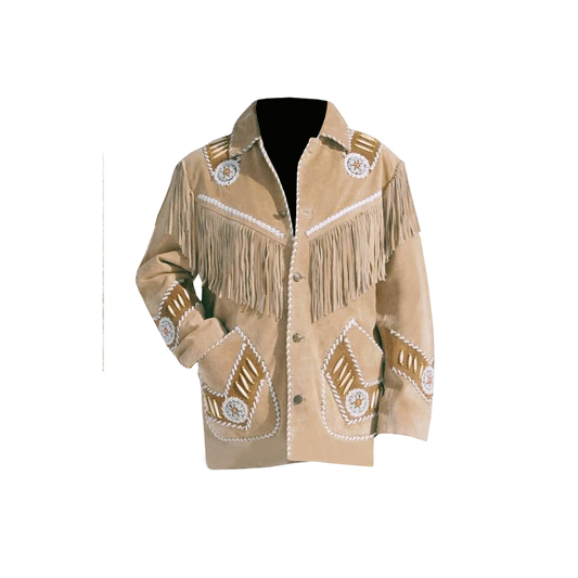 Native American Beaded Beige Suede Leather Jacket for Men PWJ2170