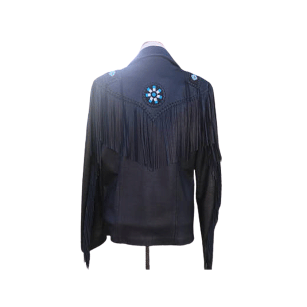 Native American Beaded Black Leather Fringe Jacket for Men PWJ1600