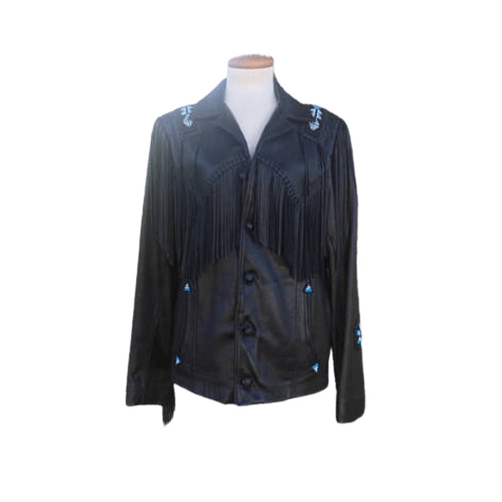 Native American Beaded Black Leather Fringe Jacket for Men PWJ1600