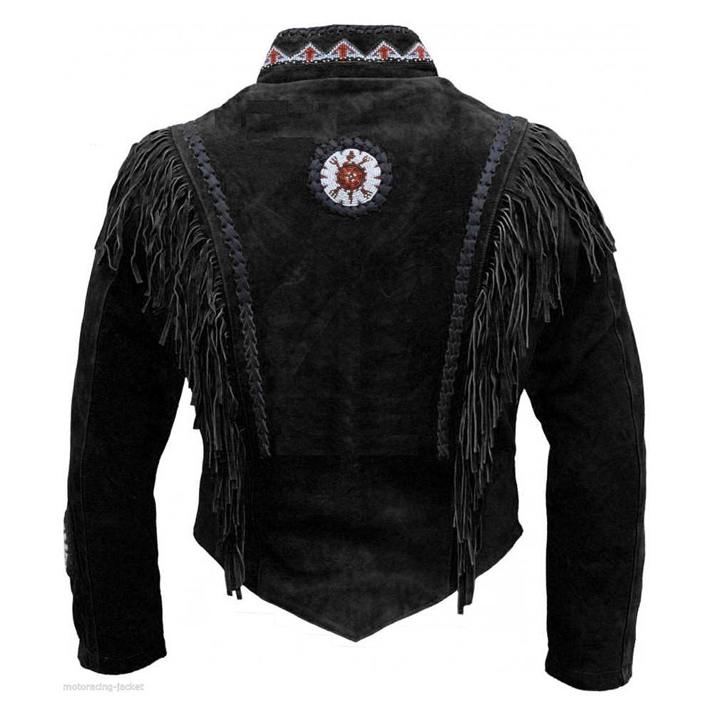 Native American Beaded Black Suede Leather Jacket for Men PWJ1520