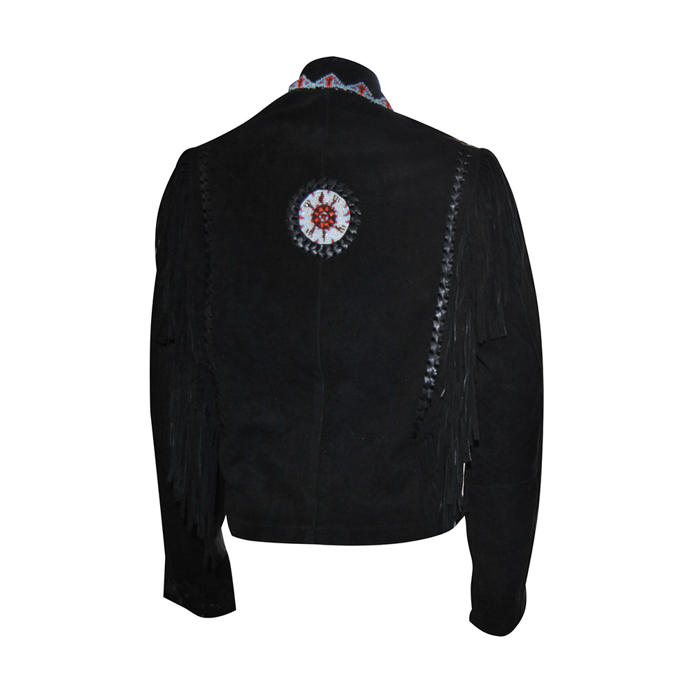Native American Beaded Black Suede Leather Jacket for Men PWJ1520