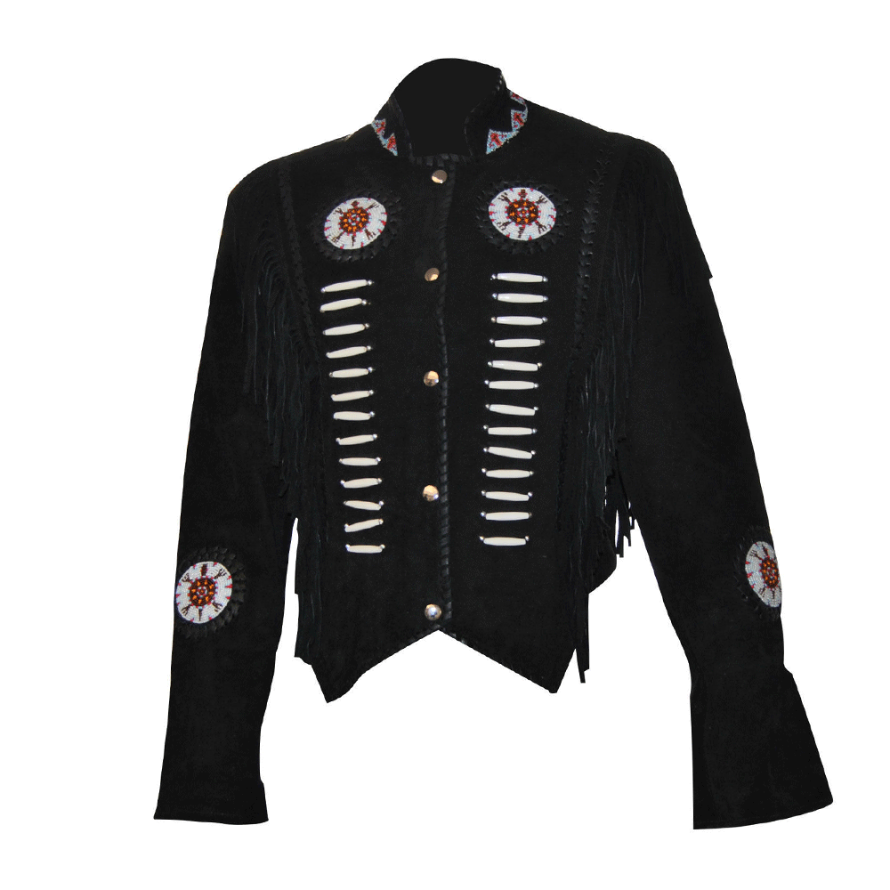 Native American Beaded Black Suede Leather Jacket for Men PWJ1520