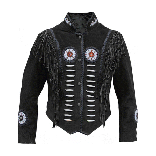 Native American Beaded Black Suede Leather Jacket for Men PWJ1520