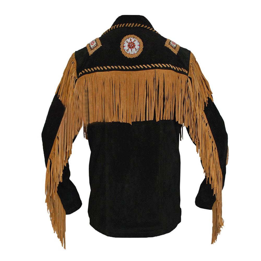 Native American Beaded Black Suede Leather Jacket for Men PWJ1510