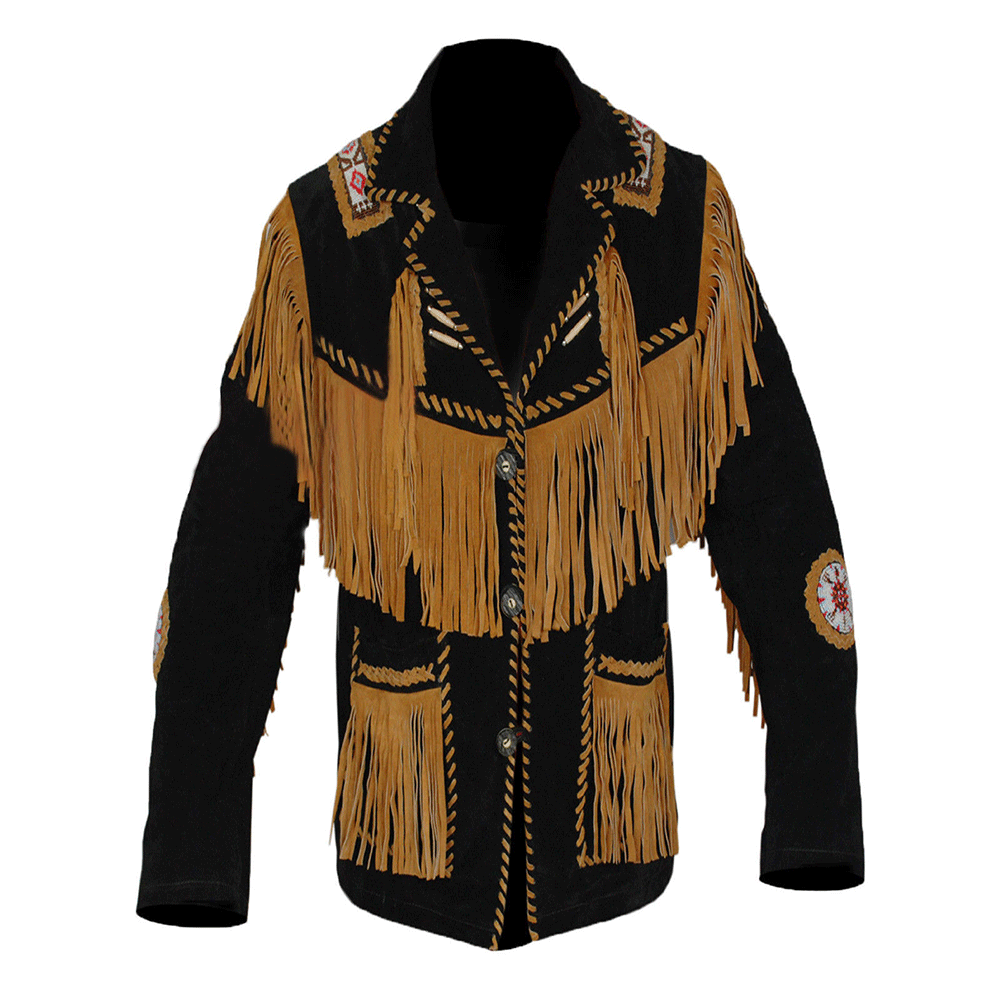 Native American Beaded Black Suede Leather Jacket for Men PWJ1510