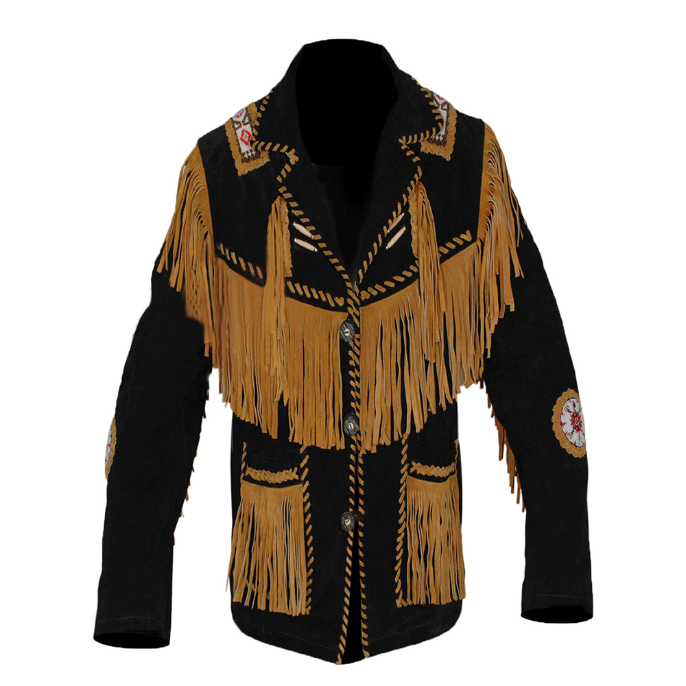 Native American Beaded Black Suede Leather Jacket for Men PWJ1510