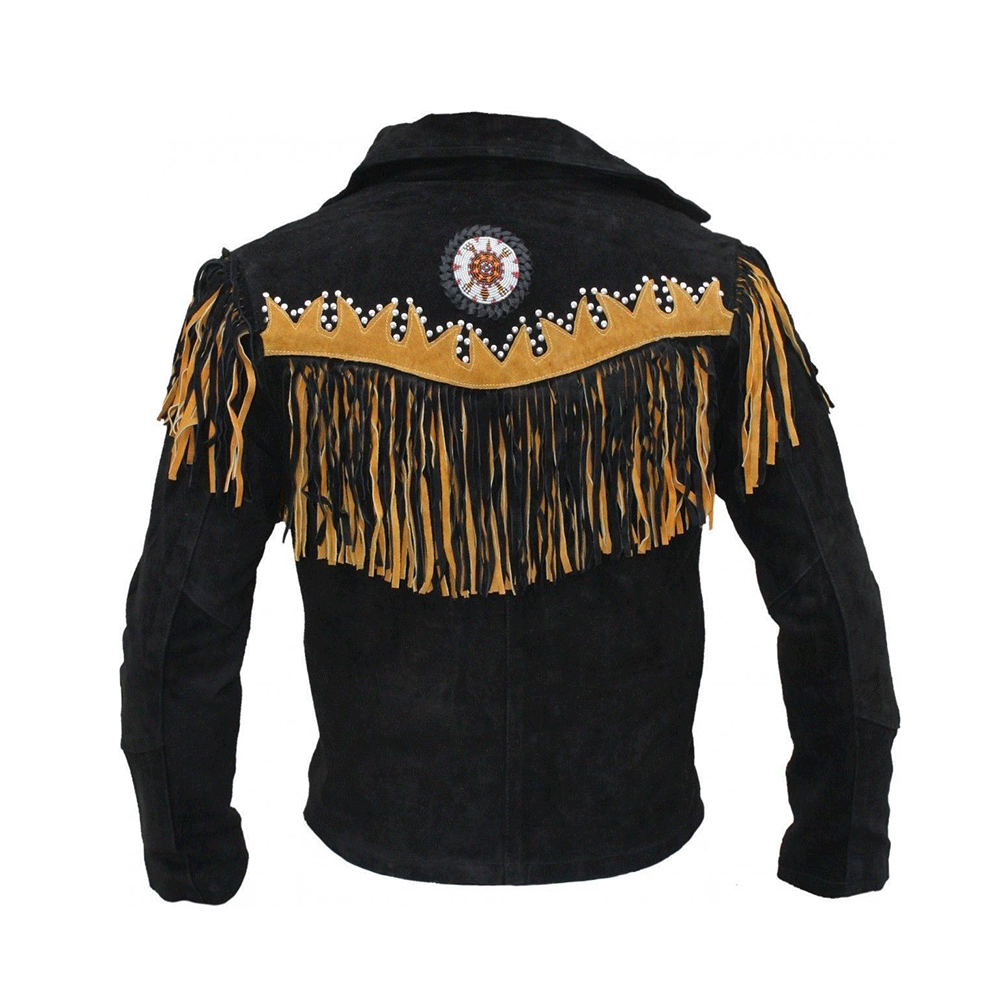 Native American Beaded Black Suede Leather Jacket for Men PWJ1530