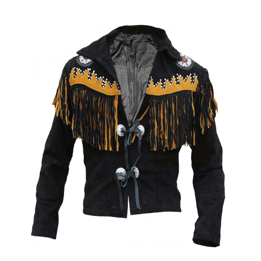 Native American Beaded Black Suede Leather Jacket for Men PWJ1530