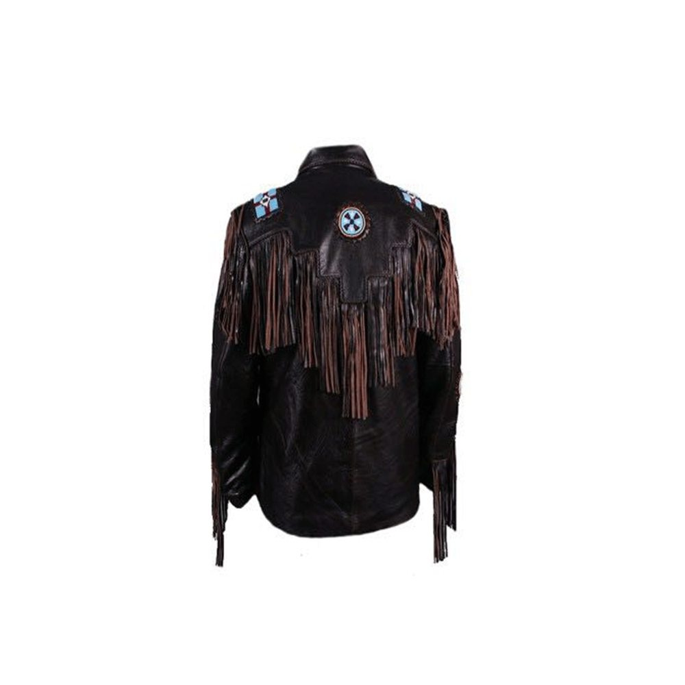 Native American Eagle Beaded Black Leather Jacket for Men PWJ1480