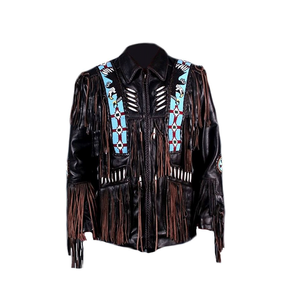 Native American Eagle Beaded Black Leather Jacket for Men PWJ1480