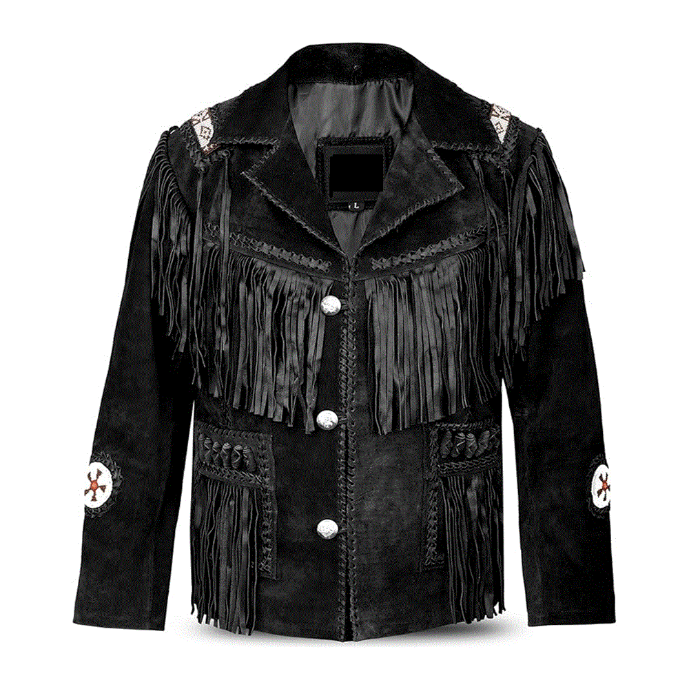 Native American Beaded Black Suede Leather Jacket for Men PWJ1470