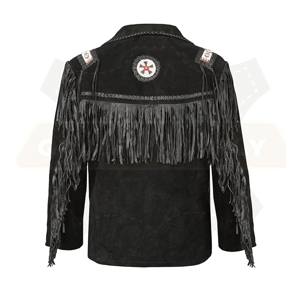 Native American Beaded Black Suede Leather Jacket for Men PWJ1470