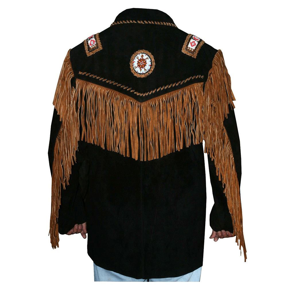 Native American Beaded Black Suede Leather Jacket for Men PWJ1460