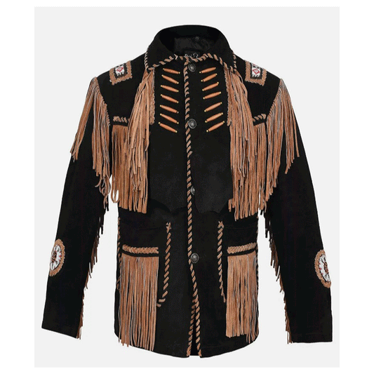 Native American Beaded Black Suede Leather Jacket for Men PWJ1460