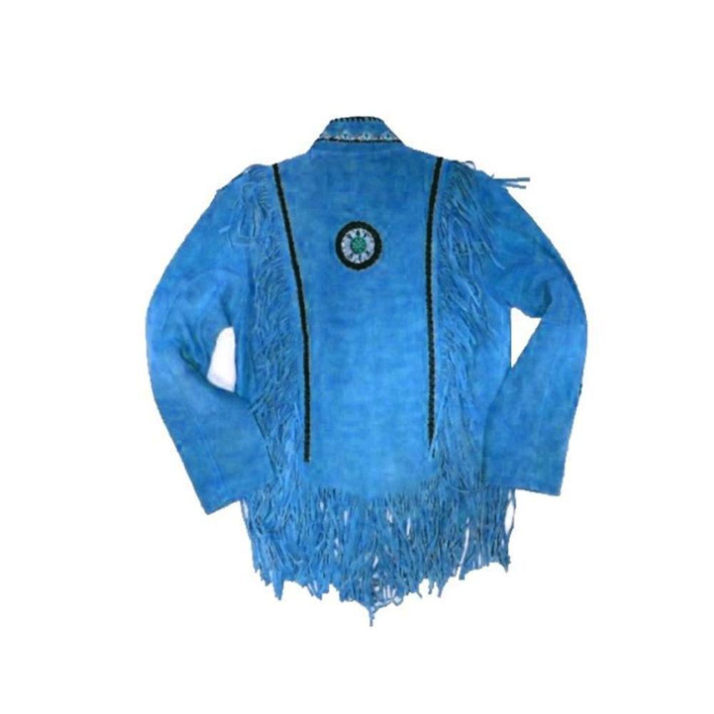 Native American Beaded Blue Suede Leather Jacket for Men PWJ2610