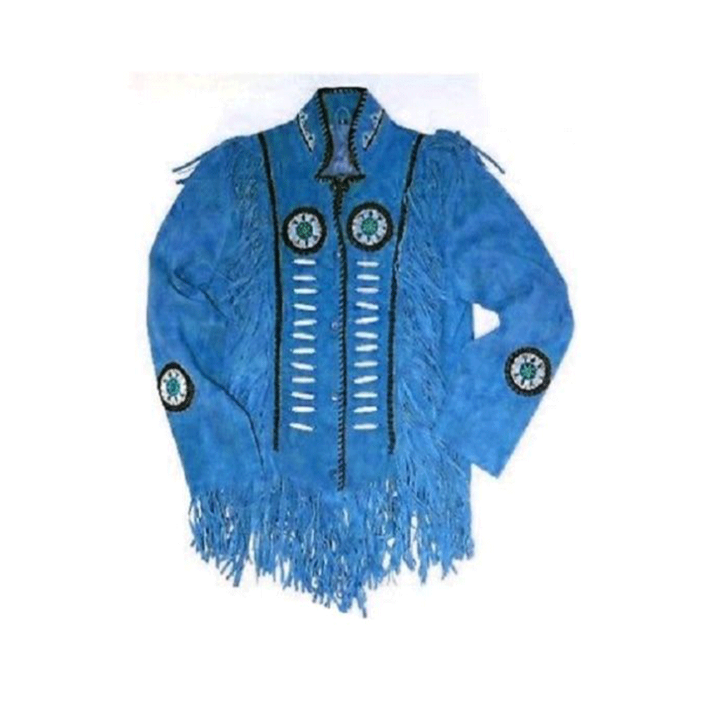 Native American Beaded Blue Suede Leather Jacket for Men PWJ2610